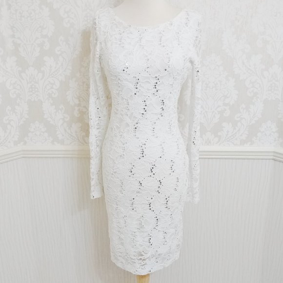White Sequin Accents Party Cocktail Dress Long Sleeves Scoop Back Juniors Small - Picture 1 of 4